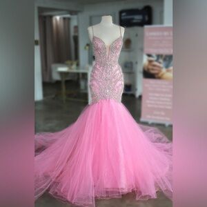 Johnathan Kayne Pink Crystal-Embellished Mermaid Gown